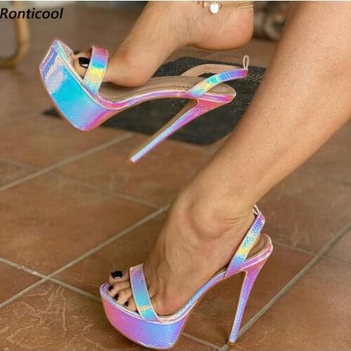 Ronticool Handmade Women Platform Sandals Back Strap Sexy Stiletto Heels Open Toe Pretty Silver Party Shoes US Size 5-20