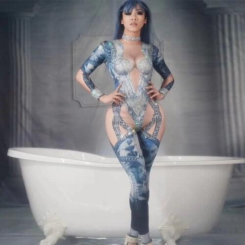 Sexy Shiny Rhinestone Bodysuit Women Fashion Denim Pattern Print Dance Costume Jumpsuit Bar Stage Show Stretch Tights Designer