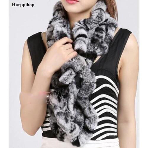 Harppihop fur 2021 New Long Real Rex Rabbit Fur knitting Scarf Neck Warmer Scarves Shawl Poncho Stole great christmas gift