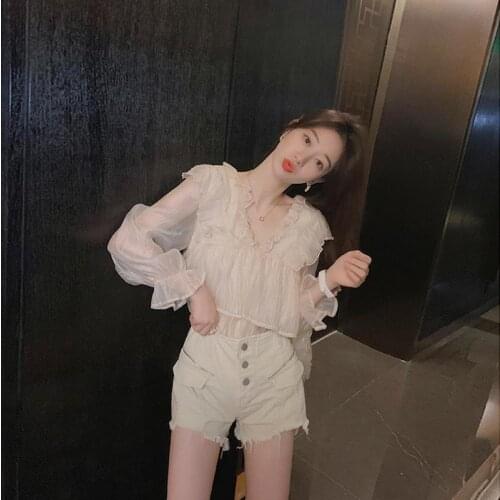 Long Sleeve Chiffon Shirt Autumn 2021 New Womens Korean Style Loose Bell Sleeve Top Fashionable Fashionable Shirt Super Fairy