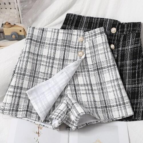 Twist Button Irregular Shorts Womens Winter Contrast Plaid Slacks