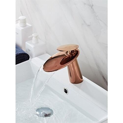 Bathroom Basin Solid Brass Faucet Sink Mixer Hot & Cold Single Handle Deck Mount Lavatory Crane Waterfall Tap Brushed/Rose Gold