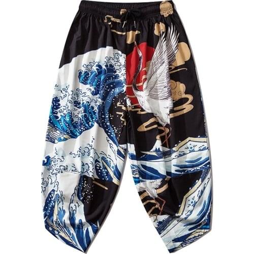 Japanese Waves Crane Print Kimono Pants Women Men Samurai Black Harem Pants Loose Traditional Asian Haori Trousers V2061