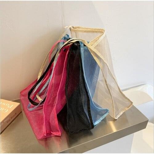 Women Mesh Handbag Fashion Ladies Foldable Shopping Shoulder Bags Reusable Daily Use Beach Bag Designer Light Large Casual Tote