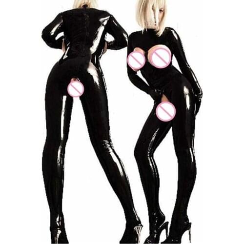 Lady Sexy Black Faux Leather Sexy Women Catsuit Hot Open Bust Crotch PVC Latex Bodysuit Fetish ClubWear Dance Sexy Costumes