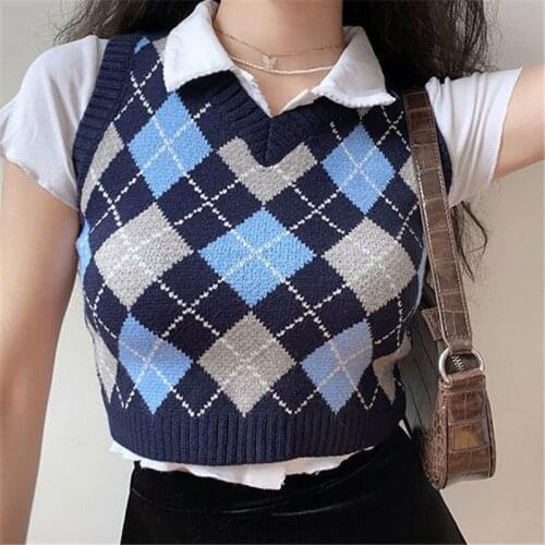 2021 New Argyle Plaid Knitted Sweater Vest Women Preppy Style Autumn Sleeveless Crop Sweaters Casual Waistcoat