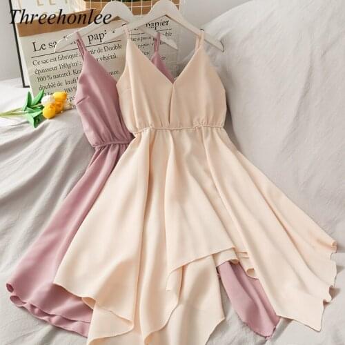 2021 Summer Women Dress Chic Adjustable Strap V-neck Solid Irregular Boho Sexy Backless Slim Waist Beach Female Dresses Vestidos