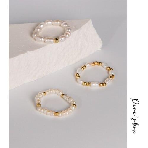 Perisbox Minimalist Multi Bead Freshwater Pearl Geometric Rings For Women Trendy Romantic Summer Adjustable Elastic Ring Gifts