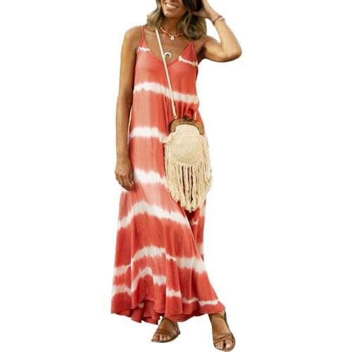 Women Dresses Stylish V Neck Sleeveless Tie Dye Stripes Print Large Hem Long Sling Dress Womens Clothing 2021