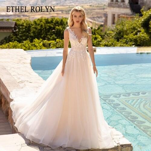 ETHEL ROLYN A-Line Wedding Dress 2021 Charming Beading Lace Appliques Backless Bride V-Neck Sleeveless Flowy Beach Bridal Gown