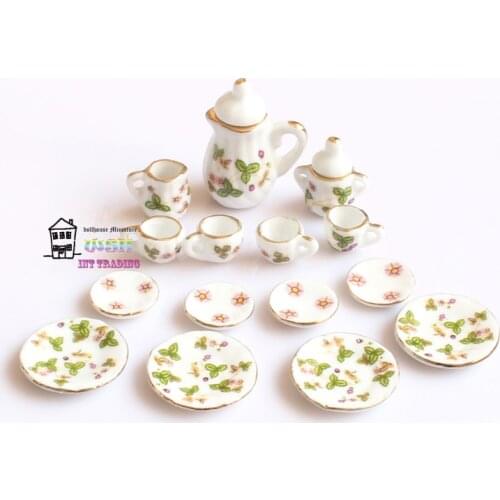 1/12 Miniature 15PCS Tea Cup Set Green Leaves Flowers and Golden Trim Porcelain Tableware Kit Dollhouse Kitchen Accessories