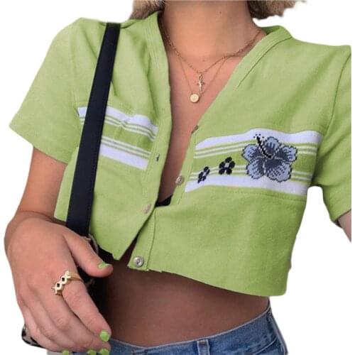 2021 Classic Womens Button Down Crop Tops Sexy V Neck Short Sleeve Floral Print Rib Knit T-Shirts