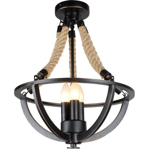 American Industrial Hemp Rope Spherical Iron Pendant Lights Art Deco Bar Restaurant Hanging Lamps Loft Master Bedroom Fixtures