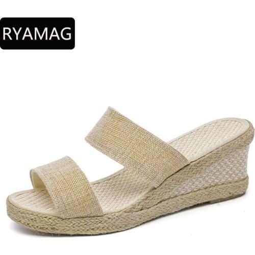 RYAMAG 2021 Bohemian Womens Linen Cotton 6cm Wedge Heel Sandals Ladies Hemp Platform Espadrilles Slippers Comfortable Shoes