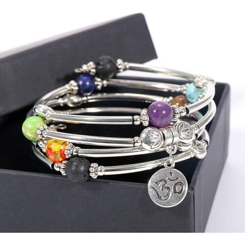 Men Women 7 Chakra Bracelet 4 Stands Copper Tube Wrap Natural Stone Beads Health Yoga OM Charm Bracelets Hand Bangles Jewelry