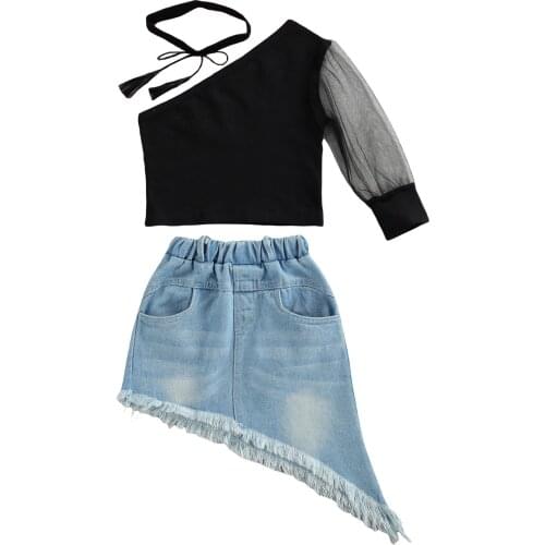 1-6Y Fashion Kids Girls Clothes Sets 3pcs One Shoulder Lace Puff Sleeve Tops Irregular Denim Skirt + Tie-Up Neck
