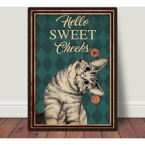 Hello Sweet Cheeks Poster Funny Cute Cat Canvas Prints Painting Cat Lovers Gift Retro Sign Wall Art Picture for Home Decor