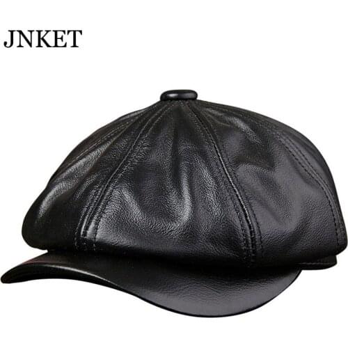 JNKET New Retro Men Cowhide Octagonal Hat Autumn and Winter Fashion Berets Casual Flat Caps Peaked Cap