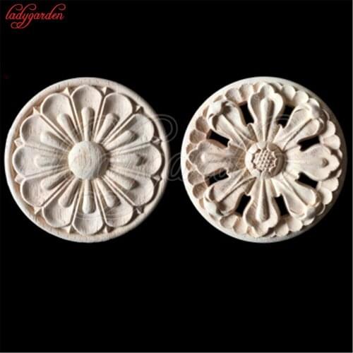 15CM Round Wood Appliques Vintage Unpainted Wood Carved Corner Onlay Applique Frame for Home Furniture Cabinet Door Decor Crafts