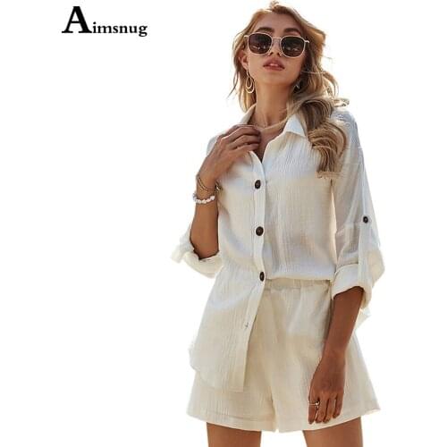 Aimsnug 2021 Summer Women Tracksuit set Long Sleeve Open Stitch Blouse Lace up Two Piece Outfit Ladies Cotton Linen 2Pcs sets