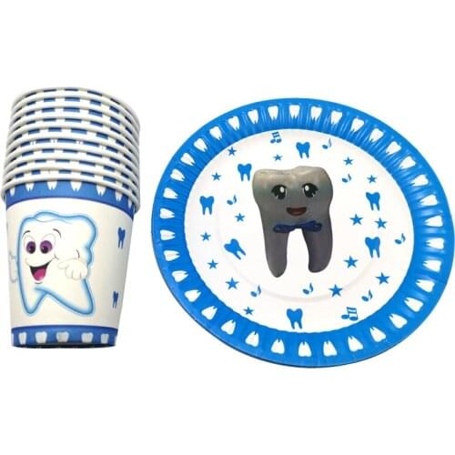 Cute Blue First Tooth Theme Plates Baby Shower Decoration Disposable Tableware Set Happy Birthday Party Boy Favors Cups 60pc/lot