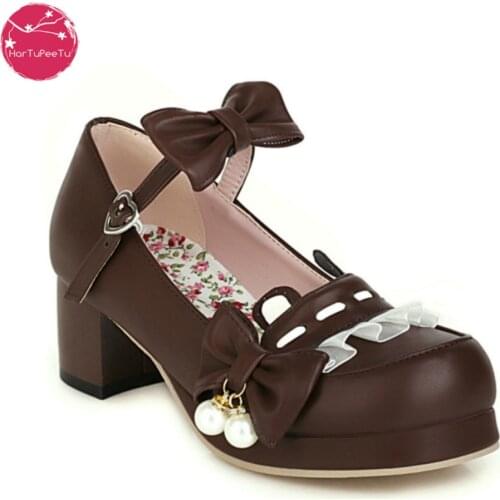 Japanese Style Sweet Bow Lace Princess Lolita Shoes Lace-up Med Heel Buckle Strap Thick Platform Pumps with Cute Ears Pearl 2021