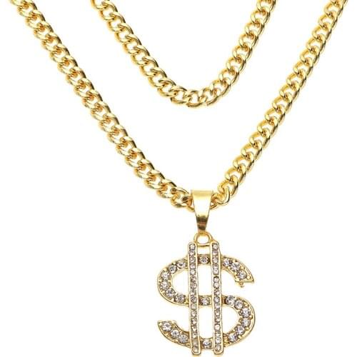 Fashion Men Money Crystal Necklaces Gold Color Dollar Sign Long Chain Pendant Necklace Unisex Hip Hop Jewelry Accessories Gift