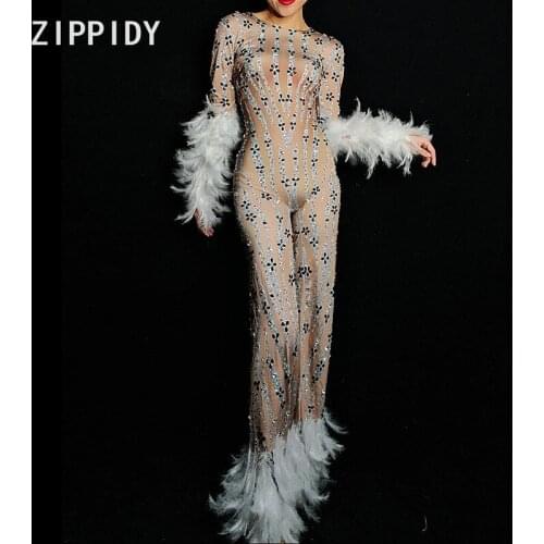 Fashion Sparkly Rhinestones White Feather Spandex Jumpsuit Long Sleeves Bodysuit Big Leggings Nightlcub Singer Stage Wear