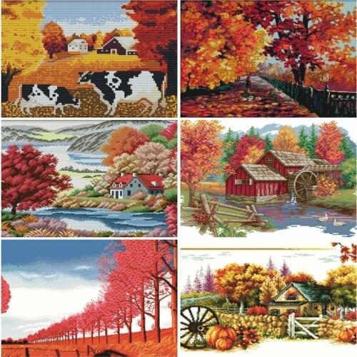 HUACAN Embroidery Scenery Sets Needlework 11CT 14CT DIY Gift White Canvas Home Decoration Cross Stitch Forest Kits