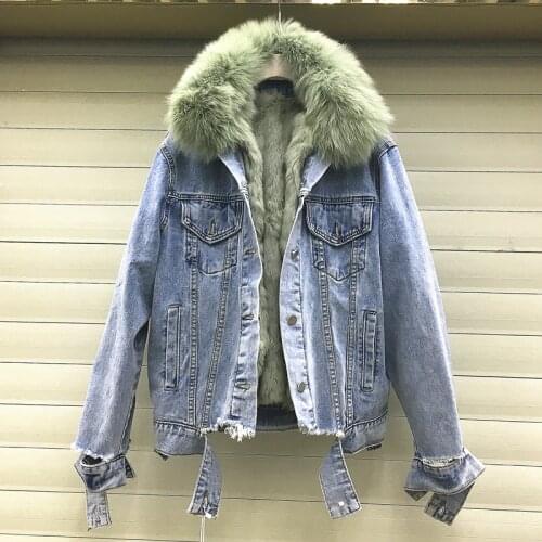Real Fox fur collar thick warm denim jacket female winter detachable real rabbit fur liner silver Reflective real fur coat F2152