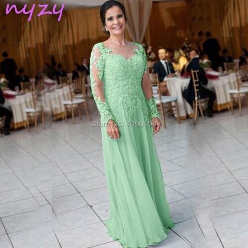 NYZY M111 Mother of the Bride Dress Long Sleeves Mint Green Chiffon Formal Dress Wedding Party Gown vestido de madrinha 2019
