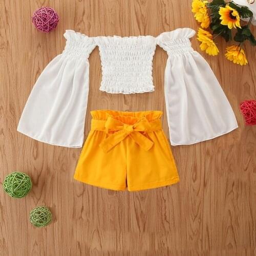 1-6Y Toddler Kids Baby Girl Off Shoulder Flare Sleeve Shirt Tops Bowknot Shorts Bottom 2PCS Outfits Summer Clothes Set