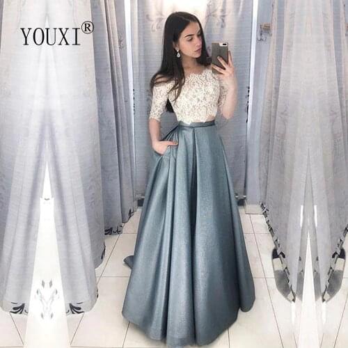 Two Piece Prom Dresses with Pockets 2020 Off Shoulder Haze Blue Satin Skirt Lace Bodice Formal Party Gowns with 3/4 Sleeves