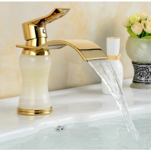 Waterfall Faucet Gold Plate Basin Marble Stone Mixer Taps Bathroom Faucet Deck Mounted Tap M1026