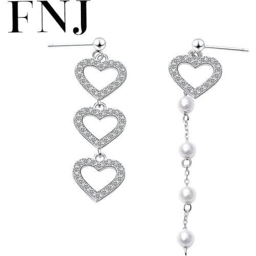 FNJ Asymmetry Heart Earrings 925 Silver Jewelry Original Pure S925 Sterling Silver Stud Earring for Women Cubic Zircon