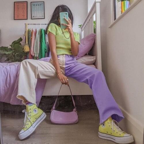 Womens Patchwork Pants High Waist Color Block Distressed Straight Denim Jeans Fashion A-Line Vintage Pencil Trousers Streetwear