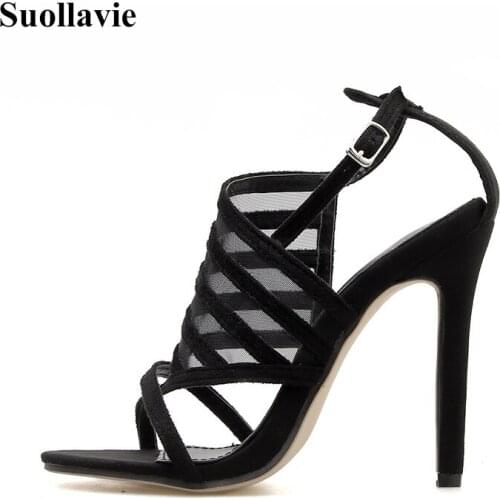 Women Summer Sandals Pumps Open Toe Buckle Strap Thin Heels Sexy Hollow Out Mesh Dress Party Women Pumps Plus Size 41 42