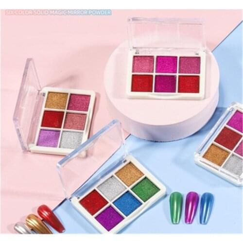 6 Colors/Box Solid Magic Mirror Effect Nail Powder Shiny Nails Glitter Dust Holo Nail Art Chrome Pigment Aurora Manicure Designs