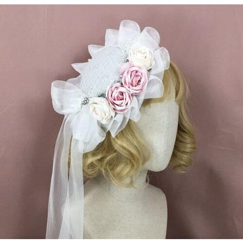 Pink Black Pearl Decorate Mini Lace Fascinator Hat Hair Clips Long Ribbon Bow Lolita Hat Headwear Women Cosplay Party Headdress