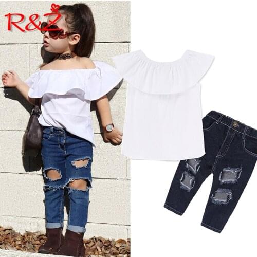 R&Z childrens suit 2019 summer new European and American girls suit white word shoulder shirt hole jeans two-piece