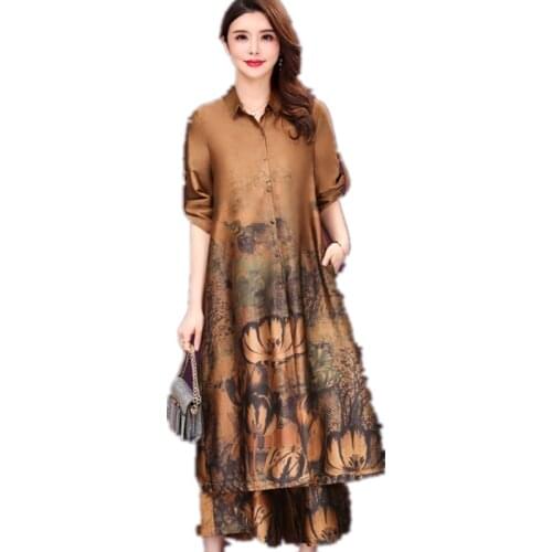 European fashion Lady clothes set Oversize Outwear summer printing Middle age women clothes High quality Top + wide leg pants