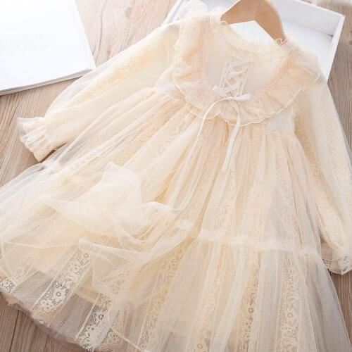 Girls lace princess dress wholesale baby girl beige pink bow long sleeve dresses
