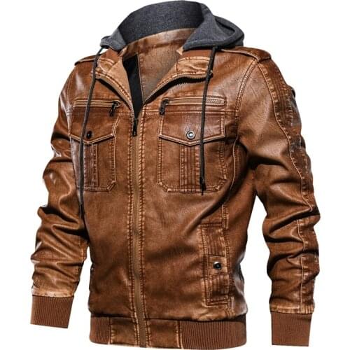 New Fashion Hooded Leather Jacket Men Casual Pockets Biker Motorcycle PU Faux Leather Coats Zipper Bomber Jackets jaqueta couro