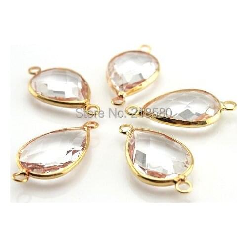 MBC00018 Bezel Crystal Connector Faceted Crystal Station Teardrop Connector Gold Bezel Link Double Bail Charm 13x18mm