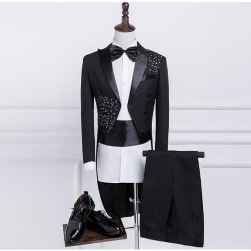Mens Fashion Korean tuxedo Slim Blazers suits Men stage chorus costume Host performing Black Bright diamond dress (suit+pants)