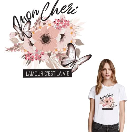 Pink Flower Patches Iron-On Transfers For Clothing Women T-shirt Jeans Butterfly Patch Heat Press Clothes Sticker Transfers