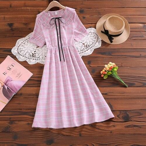 New cute kawaii sweet plaid dress japan style short sleeve mori girl casual vestidos