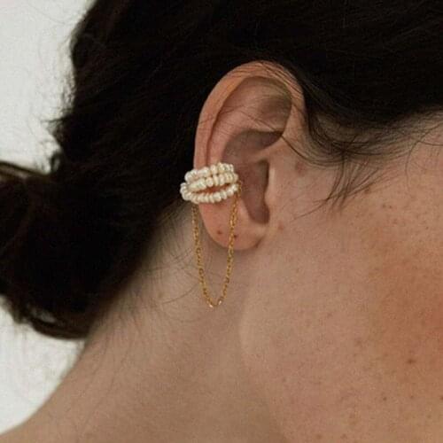 Luxury Vintage Gold Color Long Tassel Chain Full Pearl Earclip Exaggeration Three Layers Pearls Beaded Magnetic Ear Clip