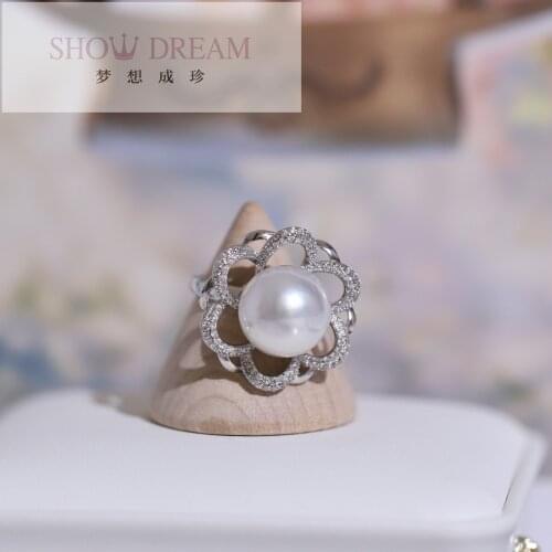 SHOWDREAM Trendy S925 Silver Zircon Rings atural Seawater Pearl Ring Open Adjustable Ring Fashion Jewelry Gifts