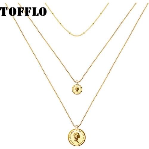 TOFFLO Stainless Steel Jewelry Three Layer Elizabeth Round Pendant Necklace With Side Bead Chain Womens Clavicle Chain BSP508